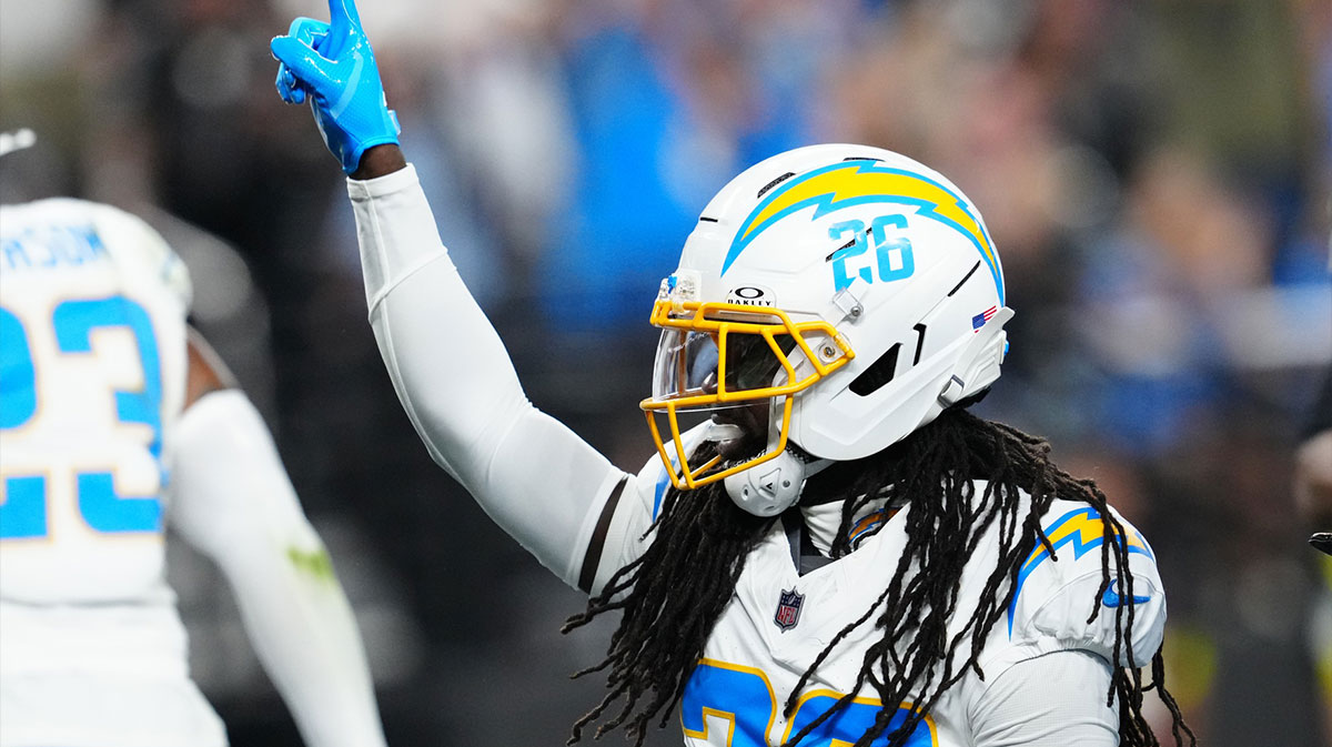 Los Angeles Chargers cornerback Donte Jackson (26) celebrates after making a play during the fourth quarter against the Las Vegas Raiders at Allegiant Stadium.