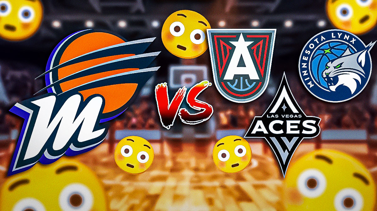 The Phoenix Mercury logo, with the letters VS next to them. Next to the letters VS, there are the Las Vegas Aces, Atlanta Dream, and Minnesota Lynx logos. Surrounding those logos, there is this emoji 😳