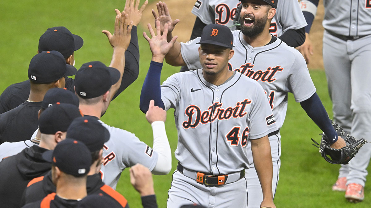 The Detroit Tigers celebrate a win over the Cleveland Guardians at Progressive Field.