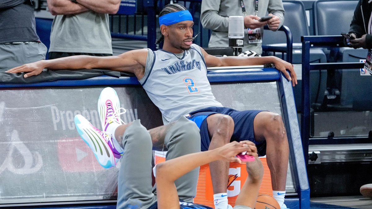 Thunder guard Shai Gilgeous-Alexander (2) and Oklahoma City forward Jalen Williams (8) watch drills during an NBA Finals practice session ahead of Game 2 at Paycom Center Oklahoma City, on Saturday, June 7, 2025 with LeBron James in the background