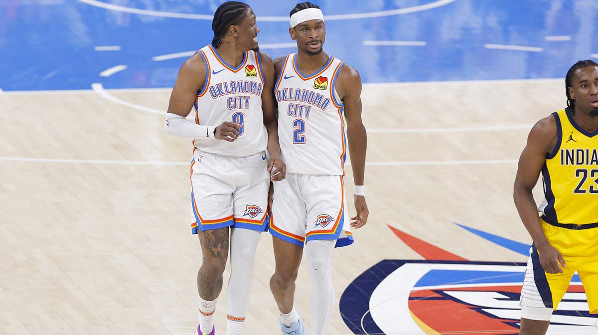 Thunder forward Jalen Williams (8) and guard Shai Gilgeous-Alexander (2) walk back up the court in the first quarter against the Indiana Pacers during game five of the 2025 NBA Finals at Paycom Center