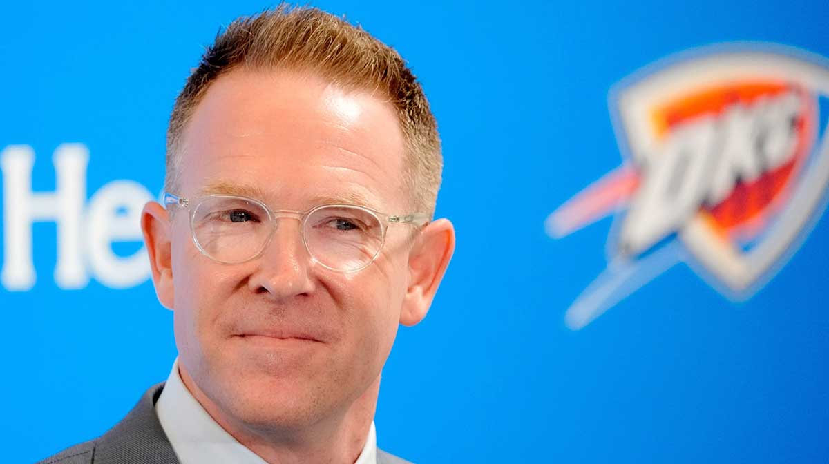 Thunder general manager Sam Presti speaks during an introductory press conference for the 2024 Thunder draft picks at Oklahoma Contemporary Arts Center in Oklahoma City