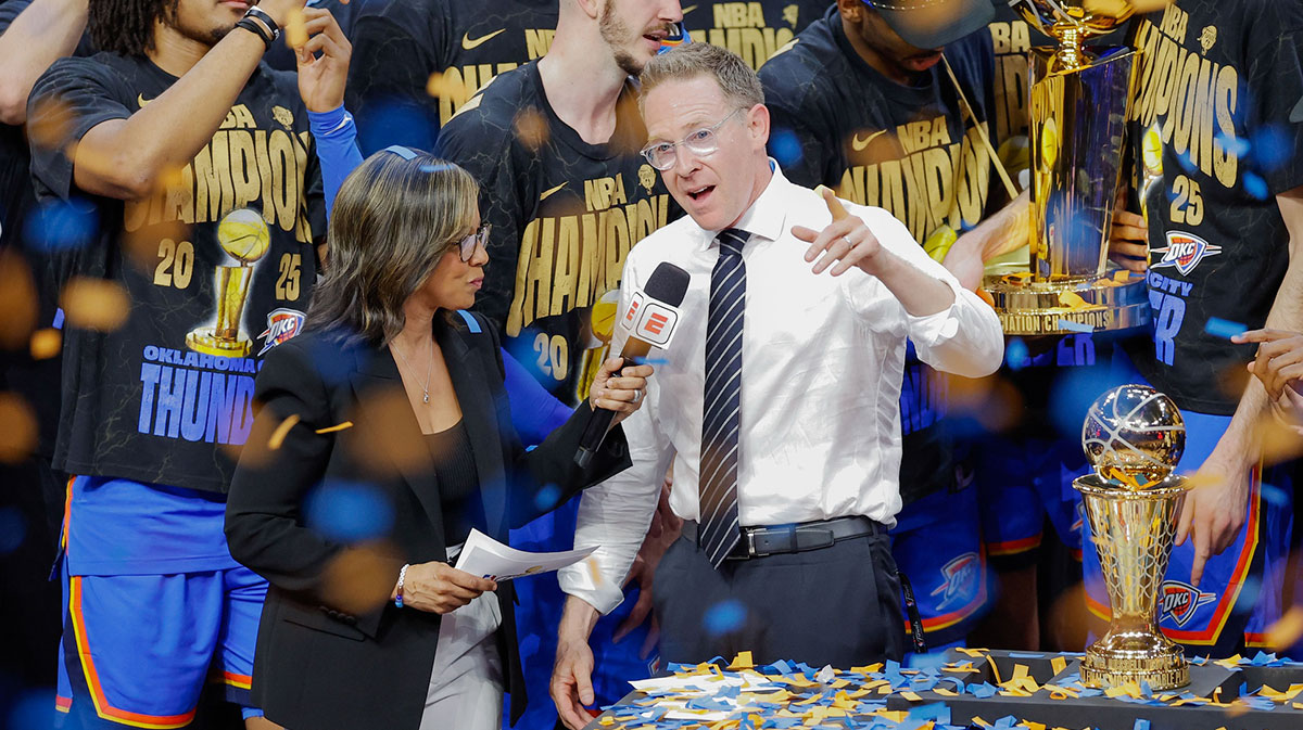 Thunder general manager Sam Presti speaks during the championship ceremony after his team defeated the Indiana Pacers in game seven of the 2025 NBA Finals at Paycom Center