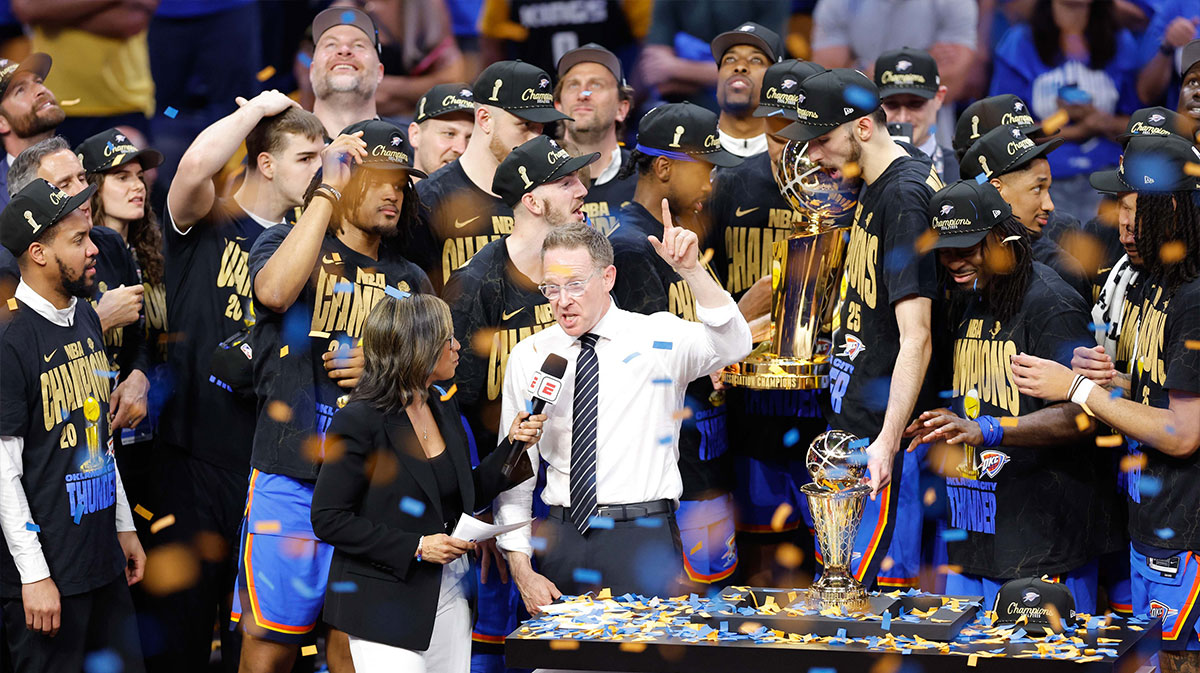 Thunder general manager Sam Presti speaks during the championship ceremony after his team defeated the Indiana Pacers in game seven of the 2025 NBA Finals at Paycom Center