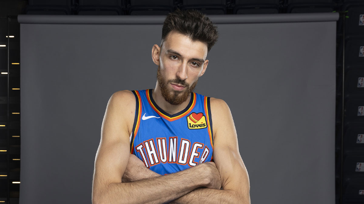 Thunder forward Chet Holmgren poses for a photo during the 2025 Oklahoma City Thunder media day at Paycom Center