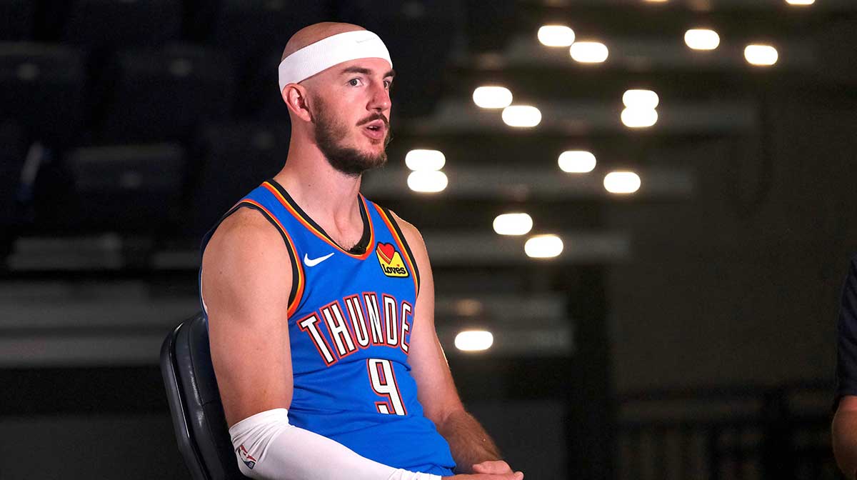 Alex Caruso (9) during the Thunder Media Day for the 25-26 NBA season at the Paycom Center Monday, Sept. 29, 2025. With Thunder Game 7 in the background