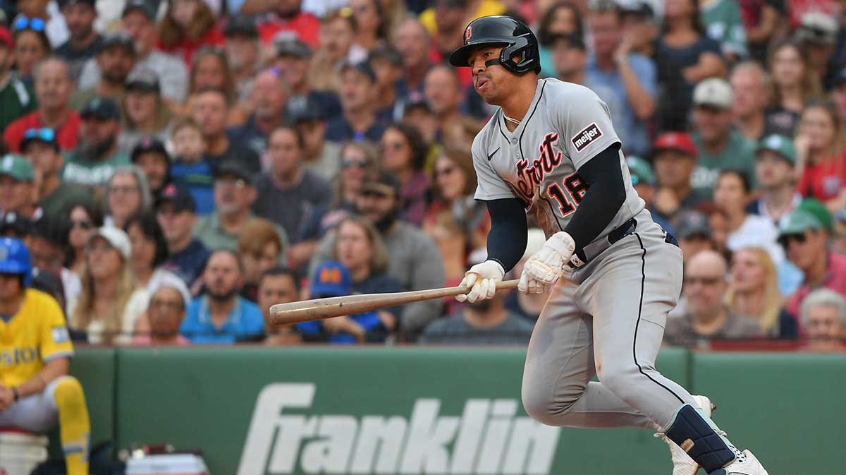 Detroit Tigers designated hitter Jahmai Jones (18) hits an RBI double during the fifth inning against the Boston Red Sox at Fenway Park.