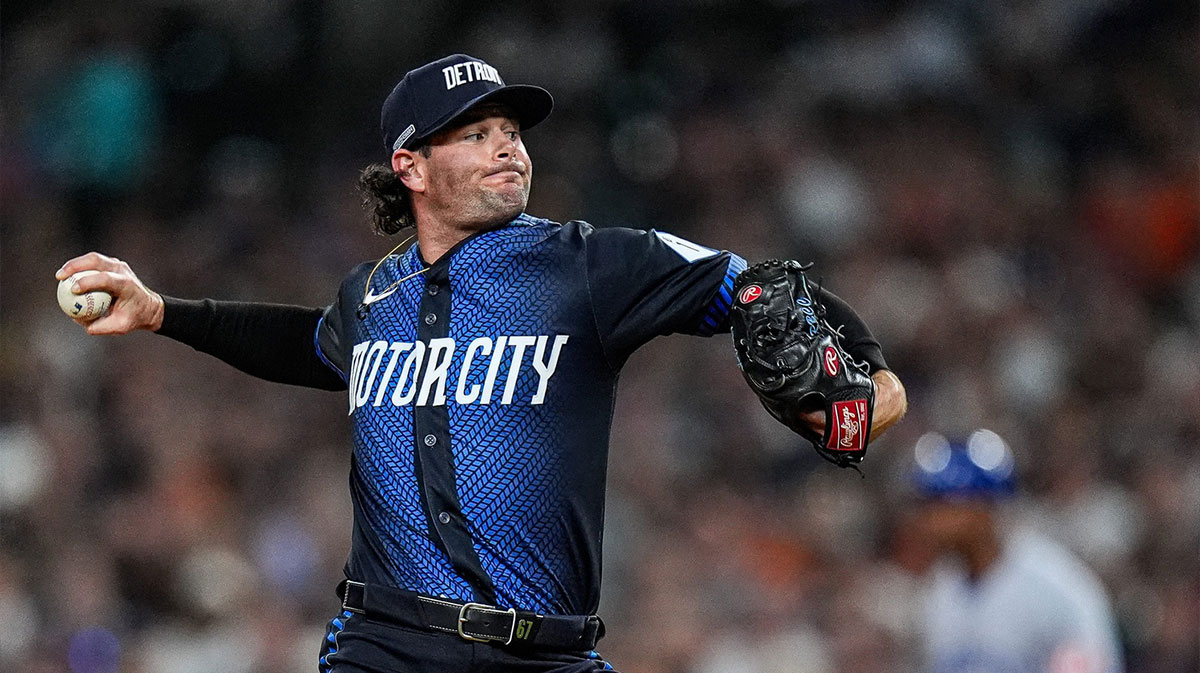 Detroit Tigers pitcher Kyle Finnegan (64) throws against the Kansas City Royals during the seventh inning at Comerica Park in Detroit on Friday, August 22, 2025.