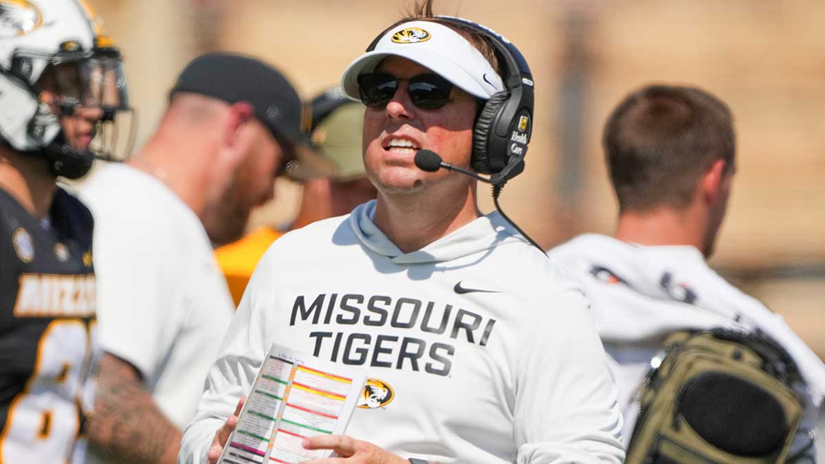 Missouri Tigers head coach Eli Drinkwitz on field against the Louisiana-Lafayette Ragin Cajuns during the first half of the game at Faurot Field at Memorial Stadium.