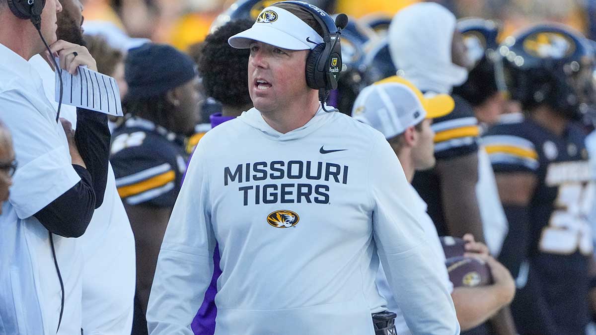 Missouri Tigers head coach Eli Drinkwitz on field against the Central Arkansas Bears during the game at Faurot Field at Memorial Stadium.