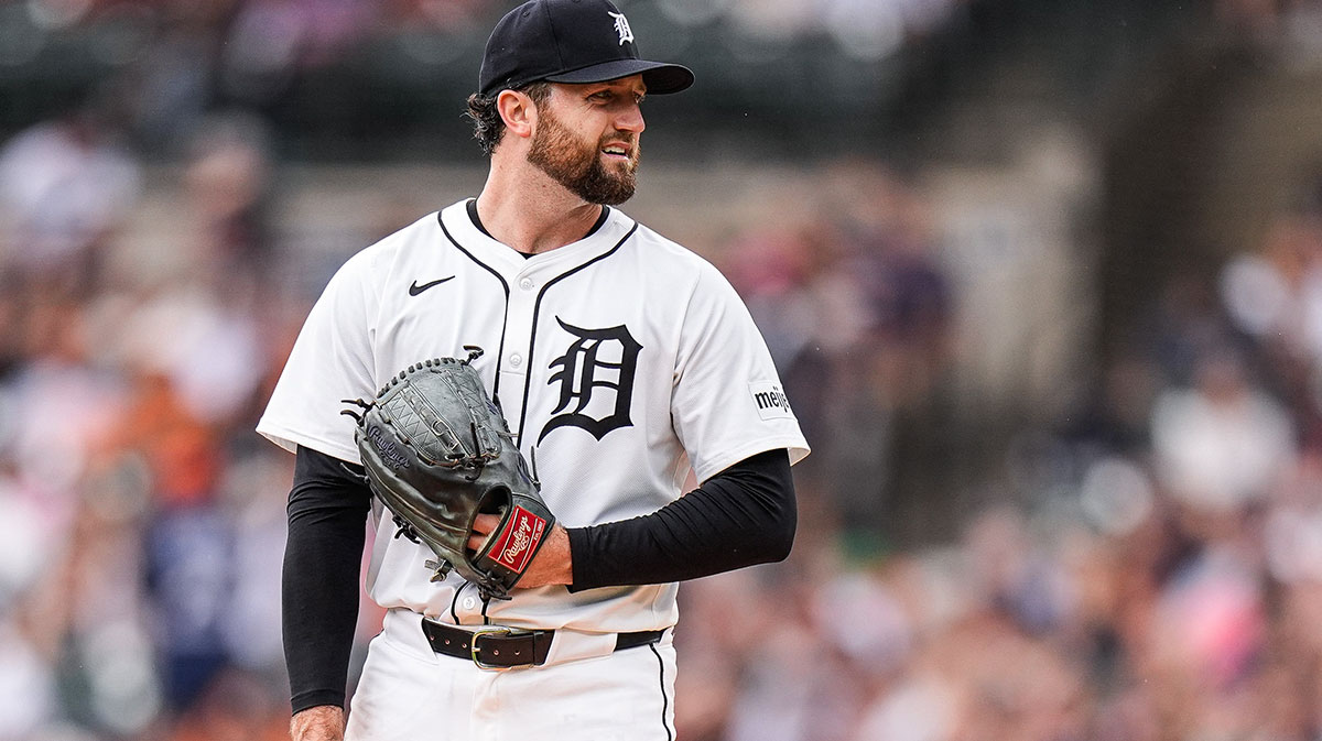 Detroit Tigers pitcher Casey Mize (12) looks on before pitching against Atlanta Braves during the fourth inning at Comerica Park in Detroit on Sunday, Sept. 21, 2025.