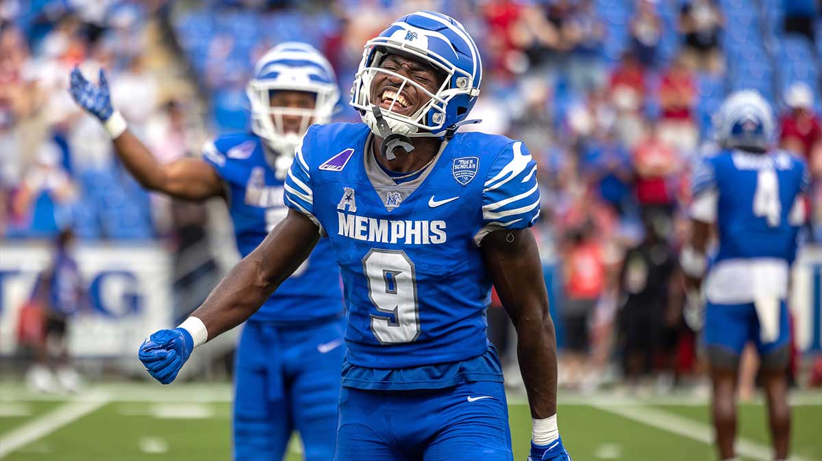 Memphis Tigers wide receiver Jamari Hawkins (9) celebrates after winning the game against the Arkansas Razorbacks at Simmons Bank Liberty Stadium.