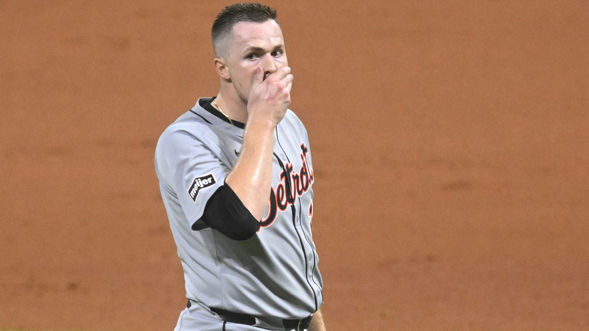 Tigers starting pitcher Tarik Skubal (29) reacts