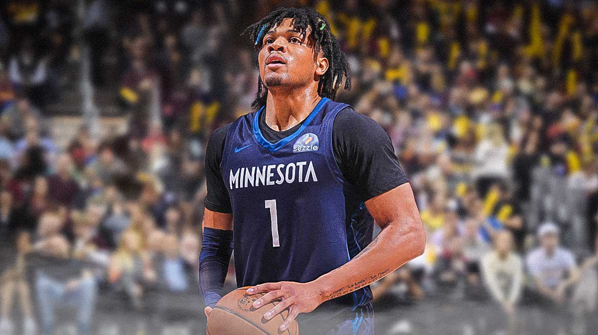 Terrence Shannon Jr. in the Timberwolves jersey with a basketball in his hands. Timberwolves player who will shock world with breakout 2025-26 season