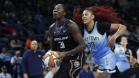 Connecticut Sun center Tina Charles (31) drives to the basket against Chicago Sky center Kamilla Cardoso (10) during the first half at Wintrust Arena.