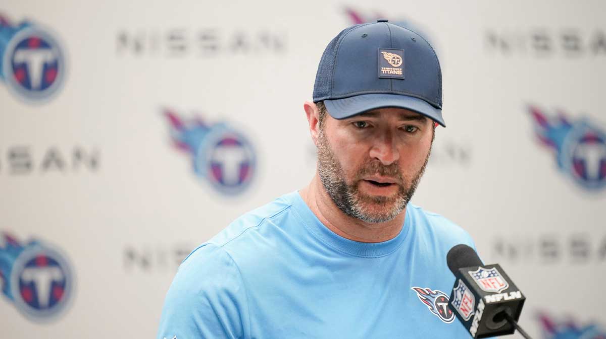 Tennessee Titans coach Brian Callahan takes questions after their 41-20 loss against the Indianapolis Colts at Nissan Stadium in Nashville, Tenn., Sunday, Sept. 21, 2025.