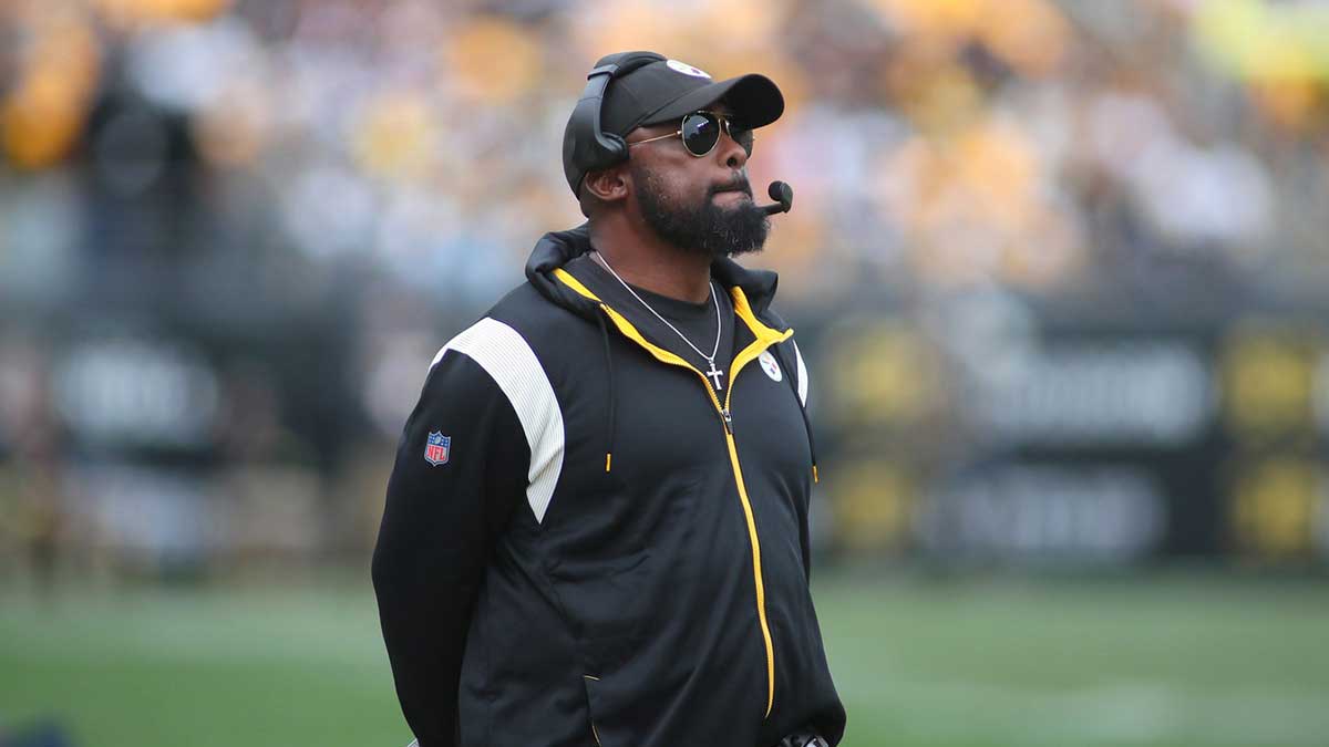 Head Coach Mike Tomlin of the Pittsburgh Steelers looks on during the first half against the New York Jets at Acrisure Stadium in Pittsburgh, PA on October 2, 2022.