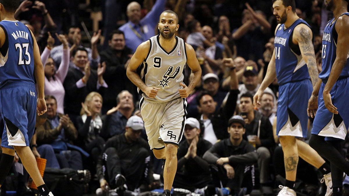 San Antonio Spurs guard Tony Parker (9) reacts after a shot during the second half against the Minnesota Timberwolves at AT&T Center. The Spurs won 117-110.