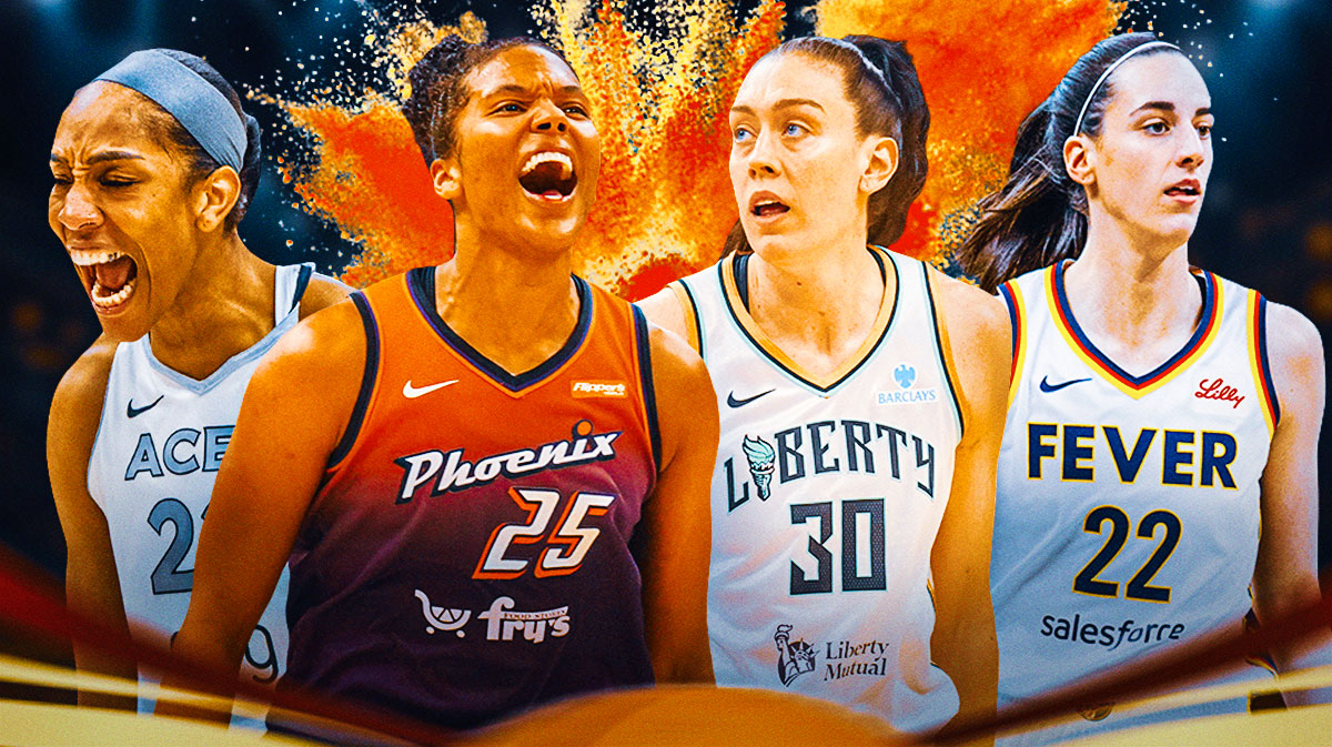 A'ja Wilson, Alyssa Thomas, Breanna Stewart, and Caitlin Clark all beside each other, Fireworks in the background