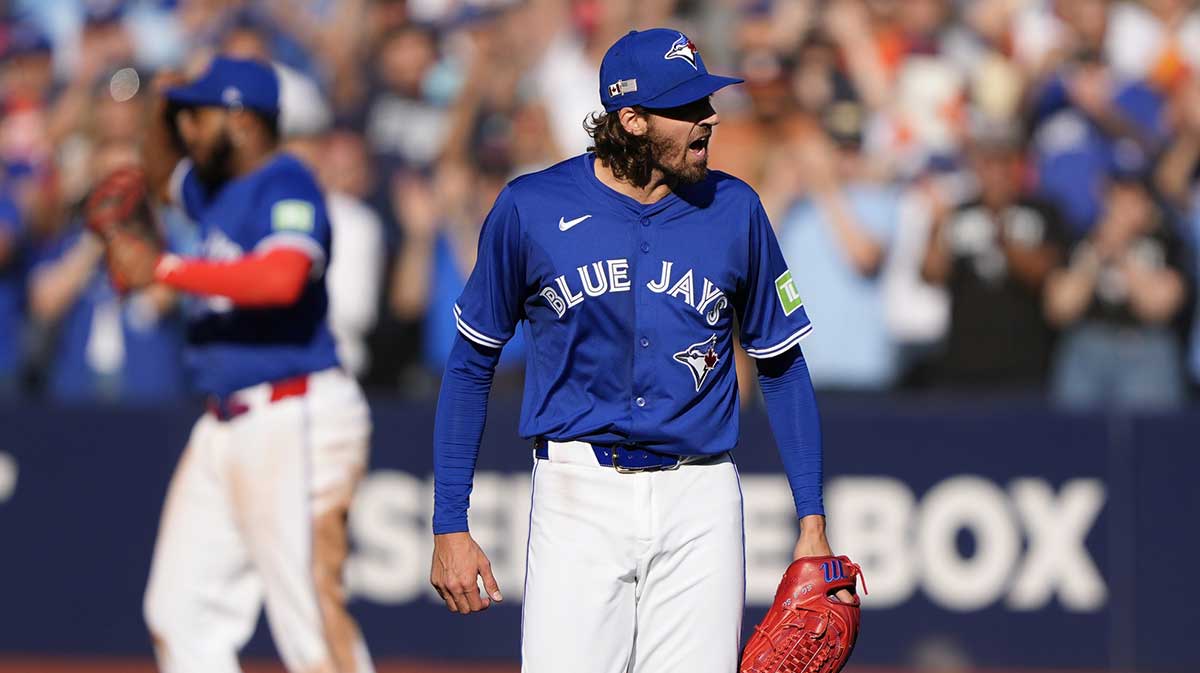 Toronto Blue Jays starting pitcher Kevin Gausman (34) reacts after a complete game win over the Houston Astros at Rogers Centre.