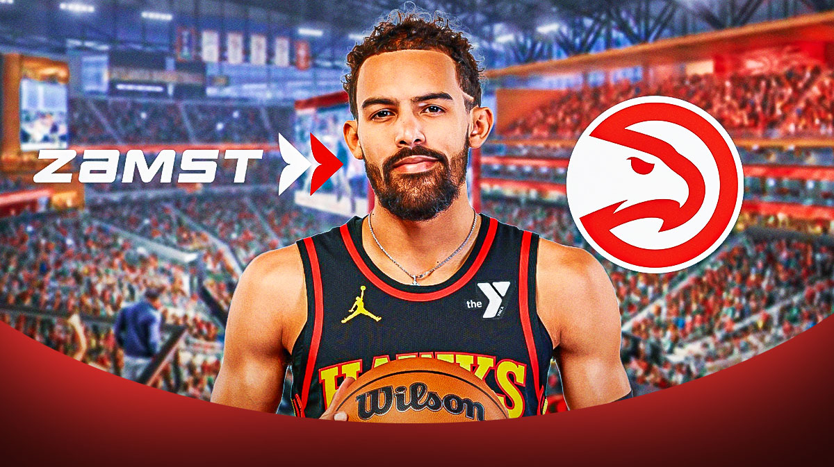 Hawks All-Star Trae Young next to the Zamst logo with the Hawks logo in the background
