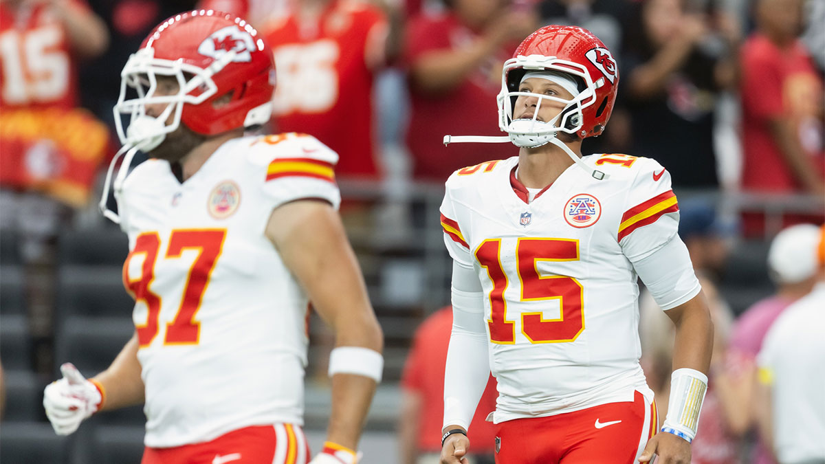 Kansas City Chiefs stars Travis Kelce and Patrick Mahomes, who have a Taylor Swift-inspired drink at their restaurant that Kay Adams tried.