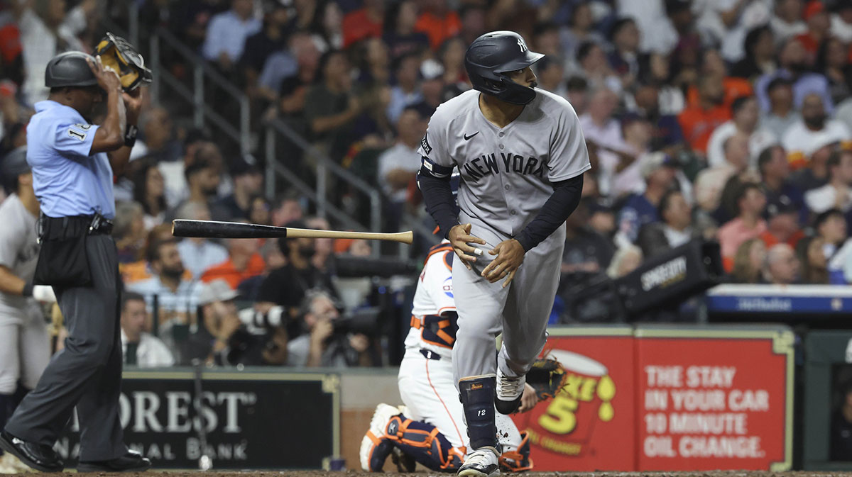New York Yankees center fielder Trent Grisham (12) hits a grand slam during the fifth inning against the Houston Astros at Daikin Park. Mandatory Credit: Troy Taormina-Imagn Images