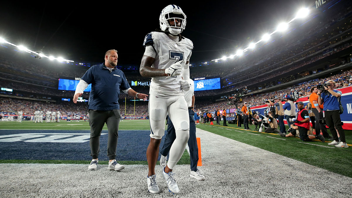 Dallas Cowboys cornerback Trevon Diggs (7) leaves the field after an injury during the fourth quarter against the New York Giants at MetLife Stadium.