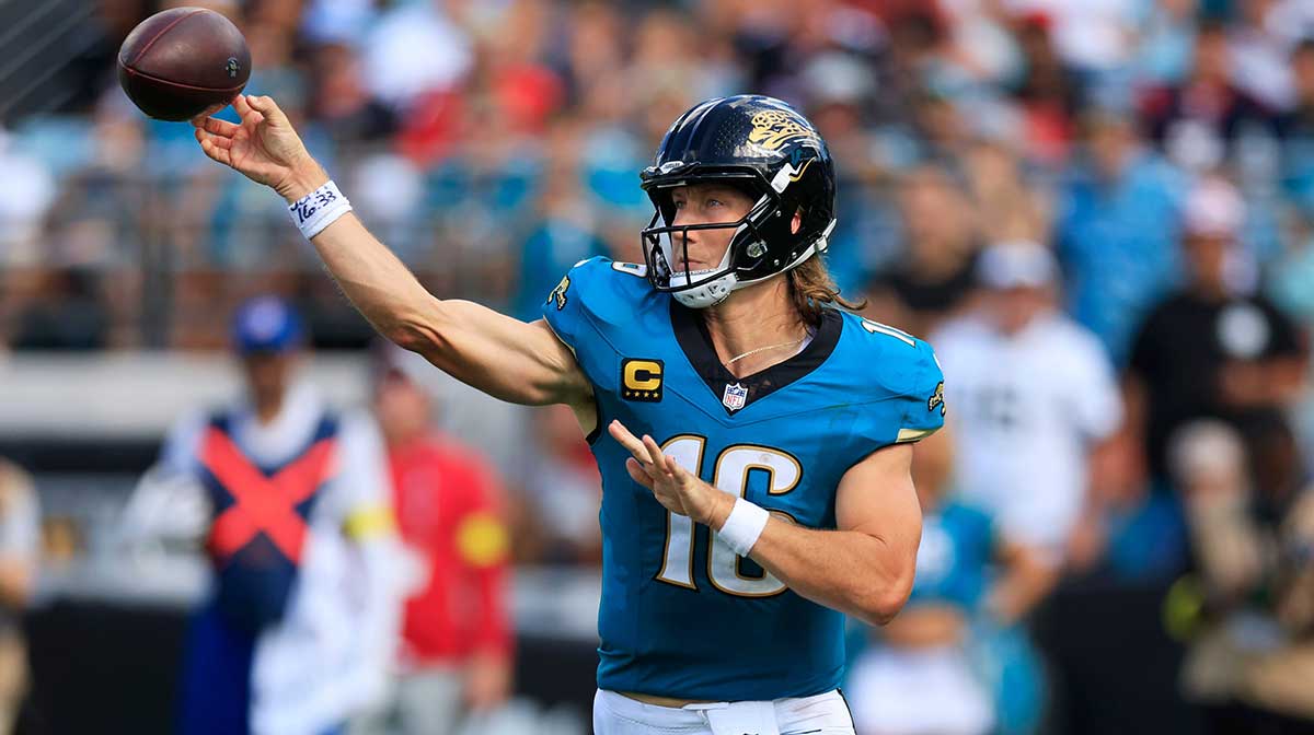 Jacksonville Jaguars quarterback Trevor Lawrence (16) throws the ball during the fourth quarter of an NFL football matchup at EverBank Stadium, Sunday, Sept. 21, 2025, in Jacksonville, Fla. The Jaguars defeated the Texans 17-10. [Corey Perrine/Florida Times-Union]