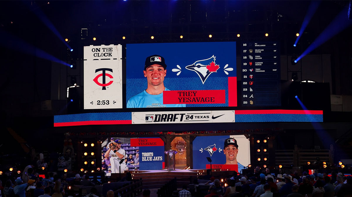 Trey Yesavage is drafted by the Toronto Blue Jays with the 20th pick during the first round of the MLB Draft at Cowtown Coliseum.
