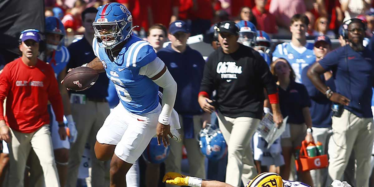 Ole Miss quarterback Trinidad Chambliss (6) passes the ball during a college football game between Ole Miss and LSU at Vaught-Hemingway Stadium in Oxford, Miss., on Saturday, Sept. 27, 2025. Ole Miss defeated LSU 24-19.
