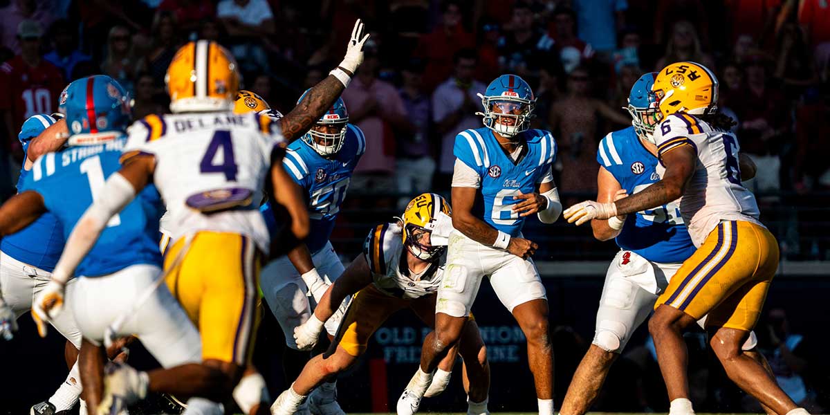 Ole Miss quarterback Trinidad Chambliss (6) passes the ball during a college football game between Ole Miss and LSU at Vaught-Hemingway Stadium in Oxford, Miss., on Saturday, Sept. 27, 2025. Ole Miss defeated LSU 24-19.