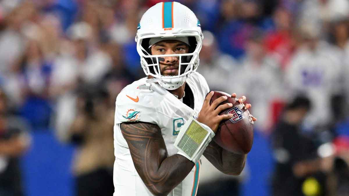 Miami Dolphins quarterback Tua Tagovailoa (1) looks to pass in the first half against the Buffalo Bills at Highmark Stadium.