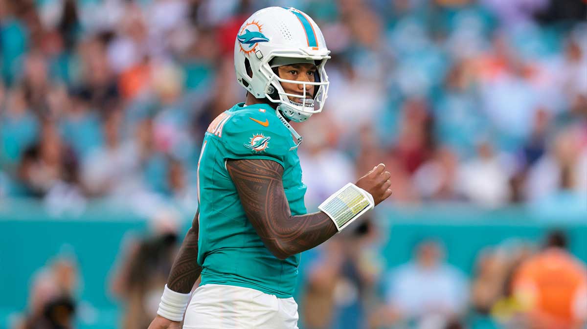 Miami Dolphins quarterback Tua Tagovailoa (1) looks on against the Jacksonville Jaguars during the first quarter at Hard Rock Stadium.