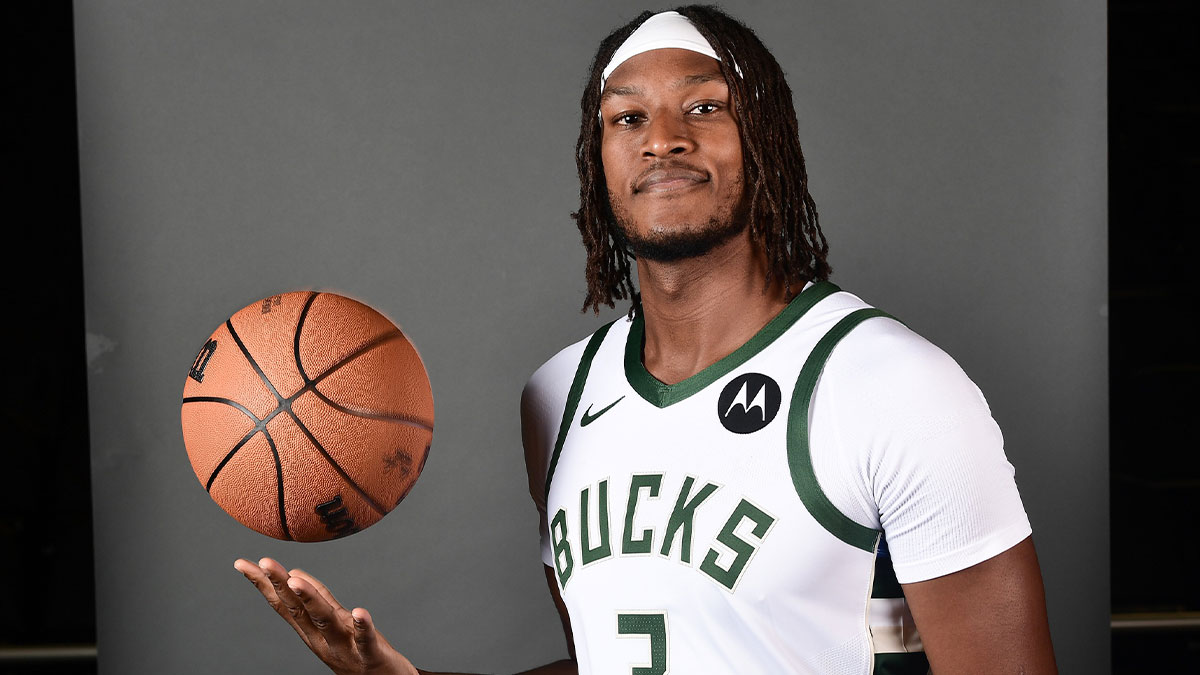 Milwaukee Bucks center Myles Turner (3) poses for a picture during Milwaukee Bucks Media Day at the Fiserv Forum.