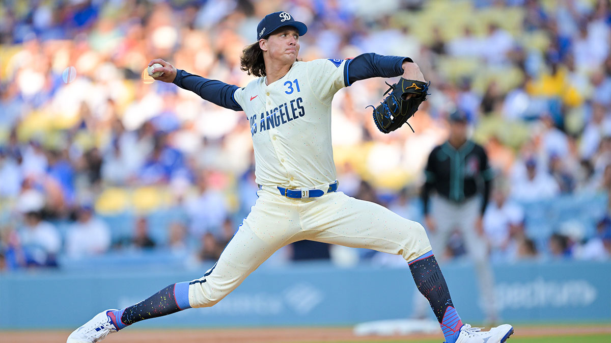 Aug 30, 2025; Los Angeles, California, USA; Los Angeles Dodgers starting pitcher Tyler Glasnow (31) pitches the ball during the first inning against the Arizona Diamondbacks at Dodger Stadium.