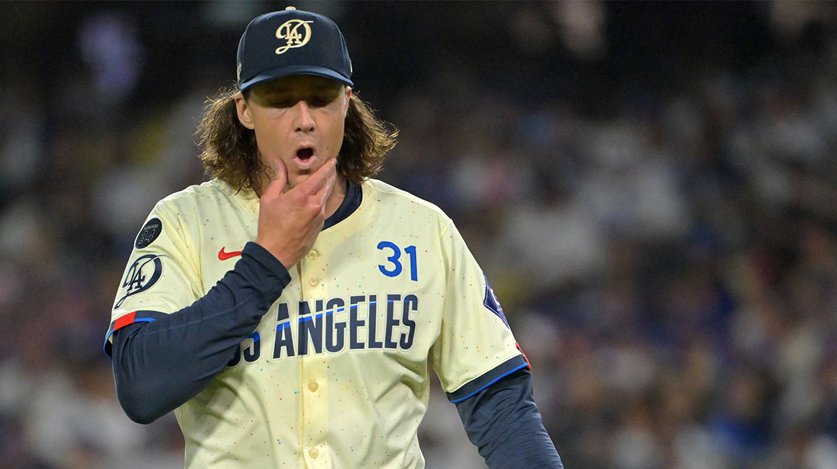 Los Angeles Dodgers starting pitcher Tyler Glasnow (31) walks to the dugout following the fifth inning against the San Francisco Giants at Dodger Stadium.