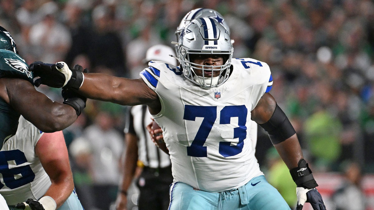 Dallas Cowboys guard Tyler Smith (73) blocks against the Philadelphia Eagles at Lincoln Financial Field.