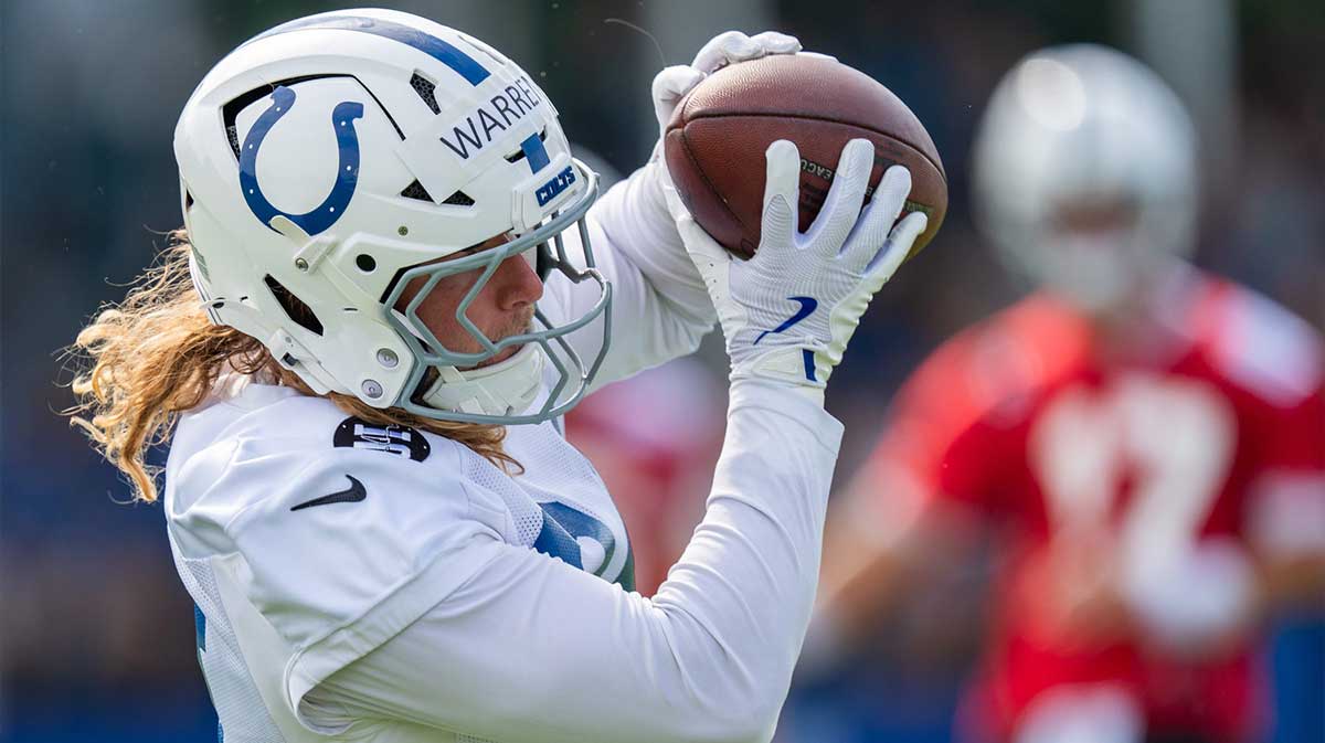 Indianapolis Colts tight end Tyler Warren (84) catches a pass during training camp held at Grand Park in Westfield.