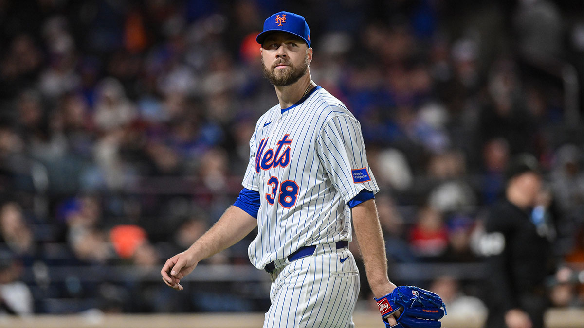 New York Mets pitcher Tylor Megill (38) reacts after exiting the game against the Philadelphia Phillies during the sixth inning at Citi Field.