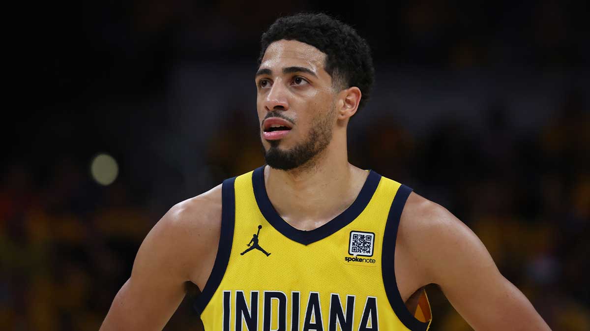 Indiana Pacers guard Tyrese Haliburton (0) stands on court during the second quarter against the New York Knicks of game four of the eastern conference finals for the 2025 NBA Playoffs at Gainbridge Fieldhouse.