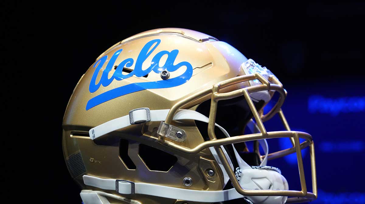 A detailed view of UCLA Bruins helmet during Pac-12 Media Day at Novo Theater.