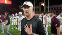 Southern California Trojans head coach Lincoln Riley reacts after the game against the Missouri State Bears at United Airlines Field at Los Angeles Memorial Coliseum.