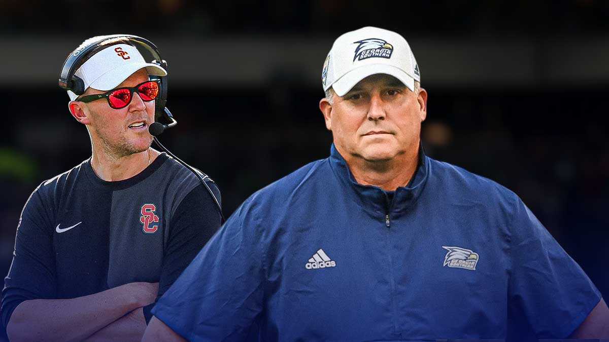 Clay Helton and Lincoln Riley with USC Colusseium in the background, USC Georgia Southern Bold Prediction