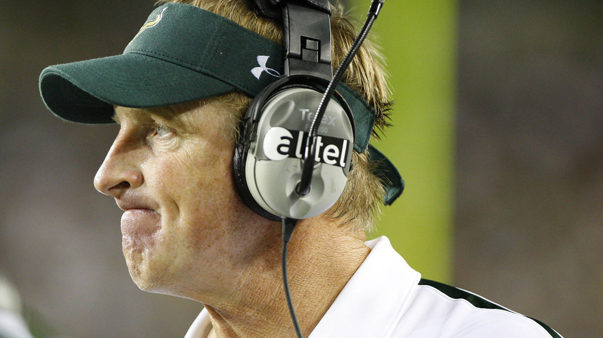 South Florida Bulls head coach Jim Leavitt against the Kansas Jayhawks during the second quarter at Raymond James Stadium.