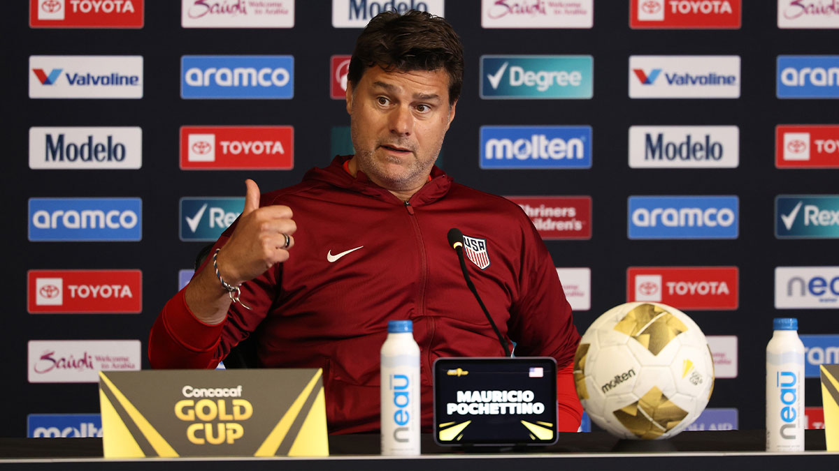 United States head coach Mauricio Pochettino speaks to the media after the match against Mexico during the 2025 Gold Cup Final at NRG Stadium.