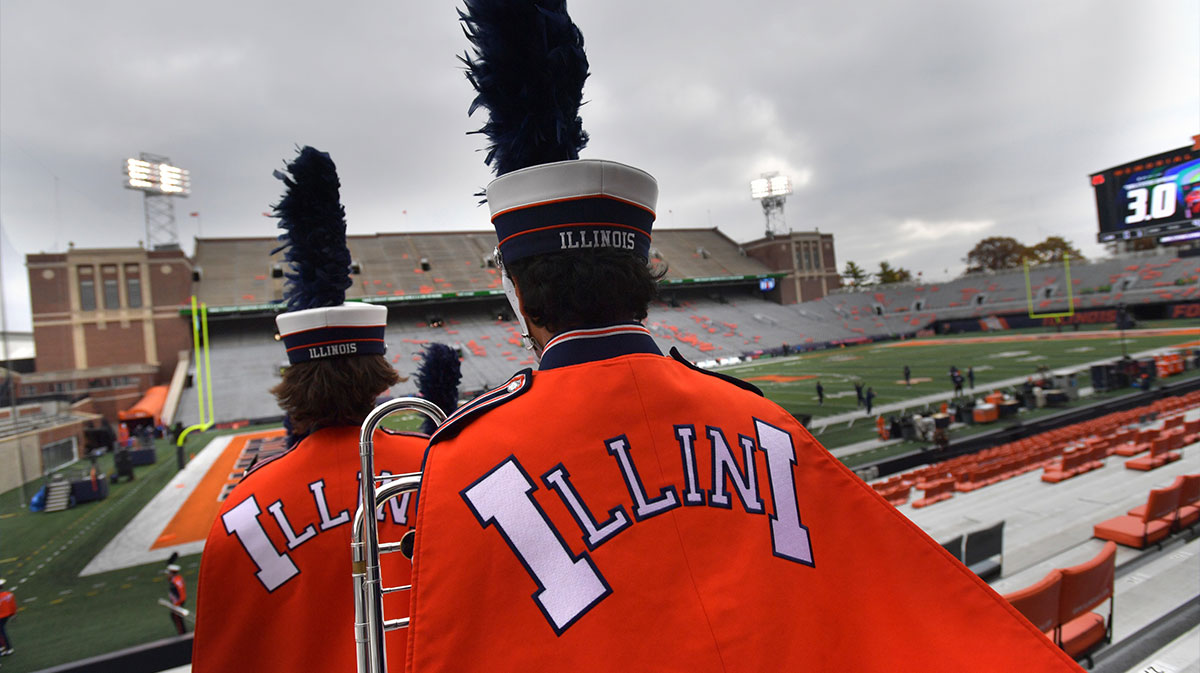 The University of Illinois Marching Illini band enters the stadium before the game against the Michigan State Spartans at Memorial Stadium.