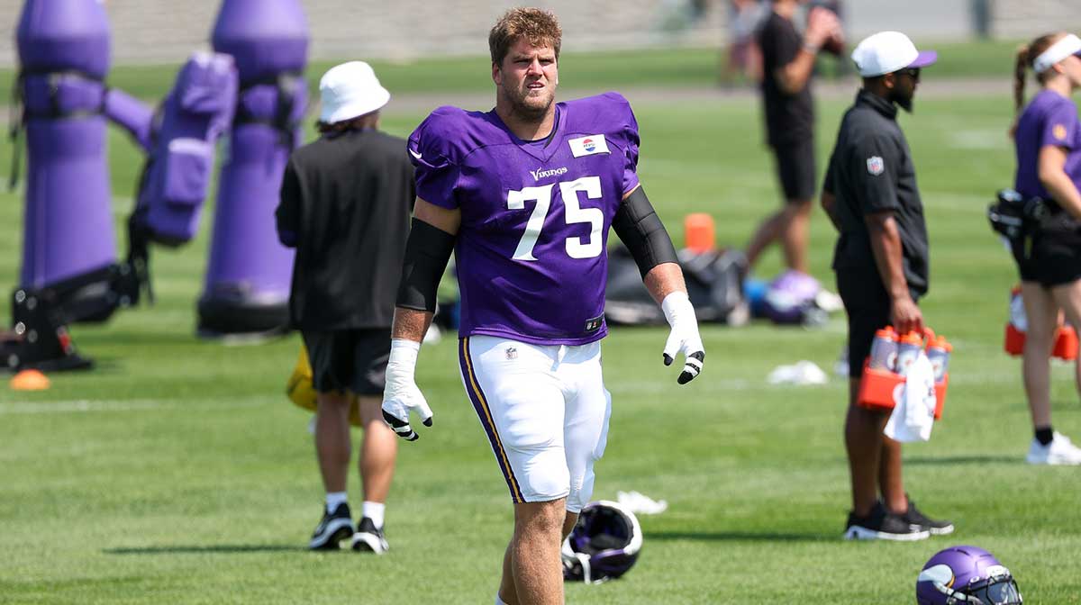 Minnesota Vikings offensive tackle Brian O'Neill (75) takes part in drills during the teams training camp at the Minnesota Vikings Training Facility.