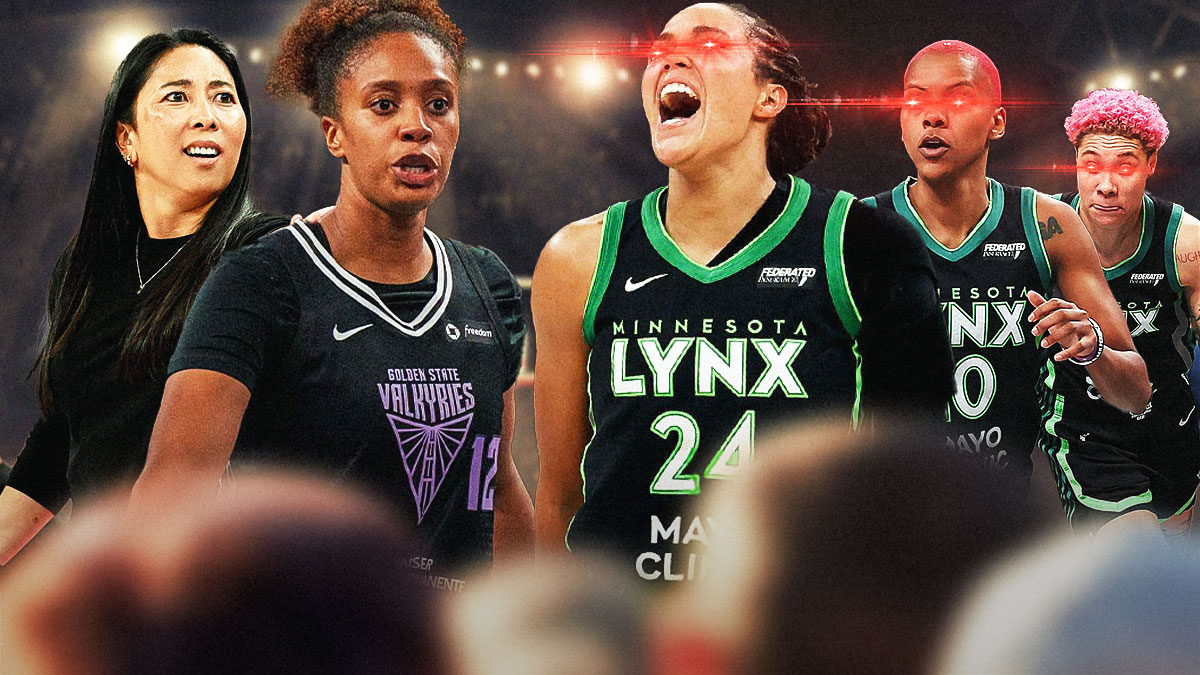 Valkyries' Natalie Nakase, Iliana Rupert looking at Lynx star Napheesa Collier, StudBudz