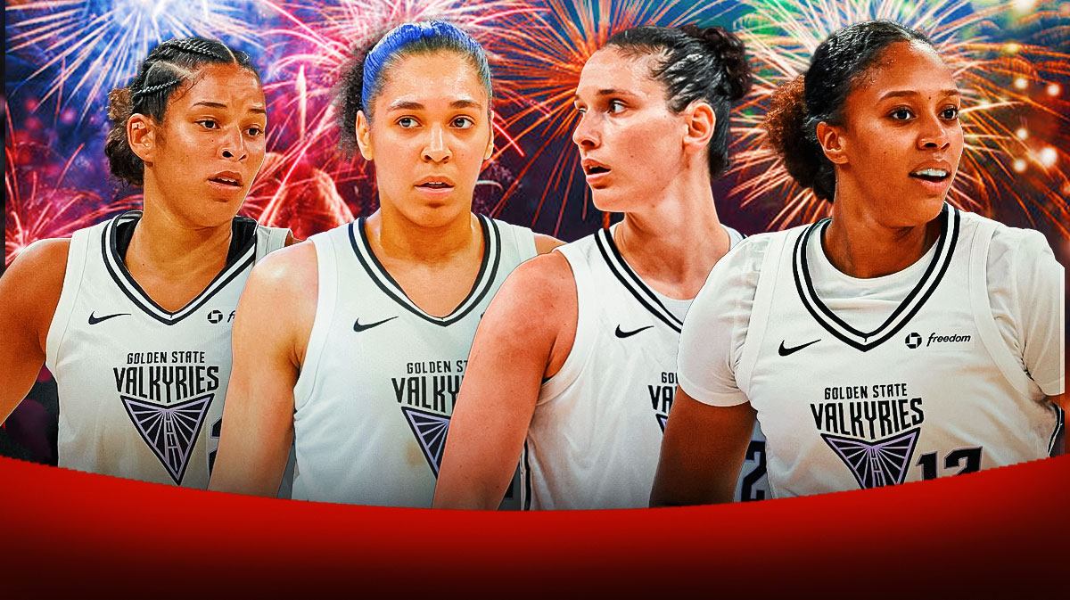 Veronica Burton, Janelle Salaun, Cecilia Zandalasini, Iliana Rupert all beside each other, Fireworks in the background